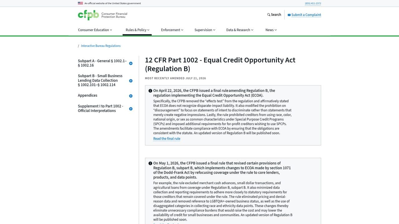 Capture of CFPB — 12 CFR Part 1002, Regulation B (ECOA)