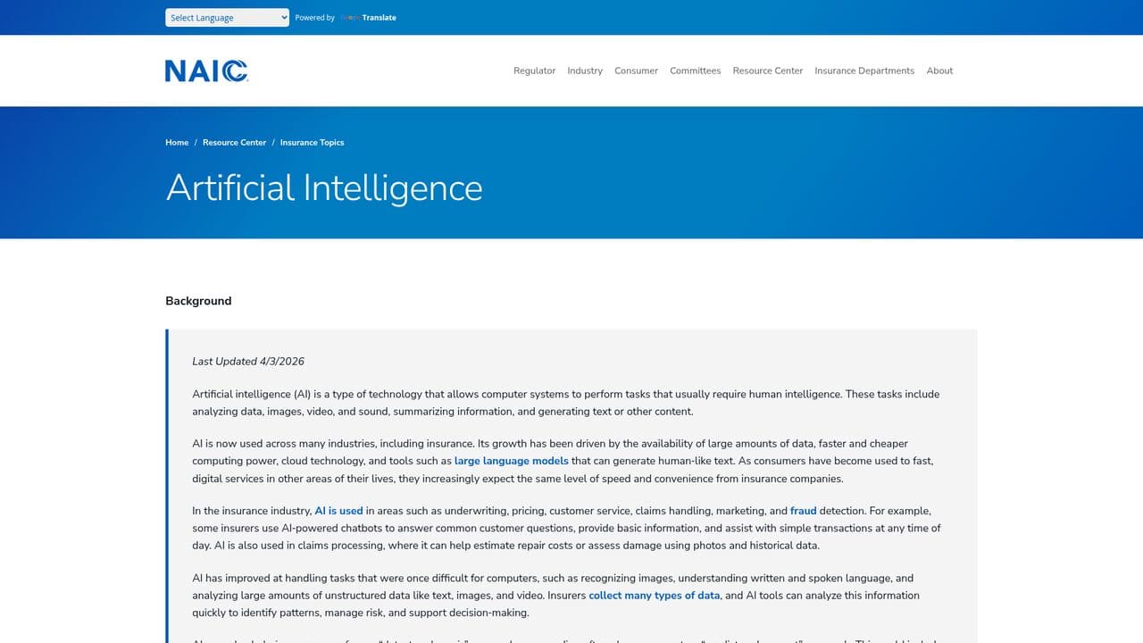 Capture of NAIC — Insurance Topics: Artificial Intelligence