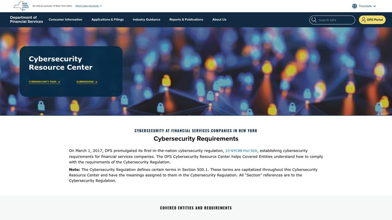 Capture of New York DFS — Cybersecurity Resource Center (23 NYCRR Part 500)