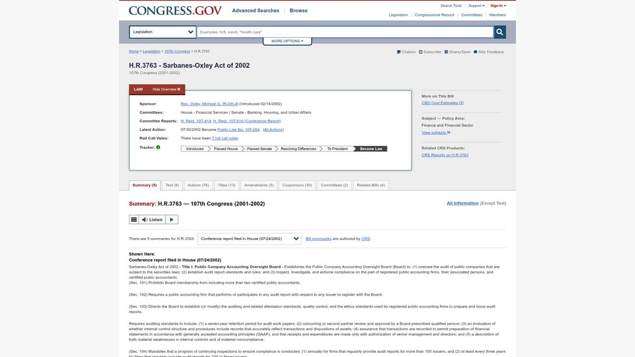 Capture of Sarbanes-Oxley Act of 2002 — H.R.3763, Congress.gov