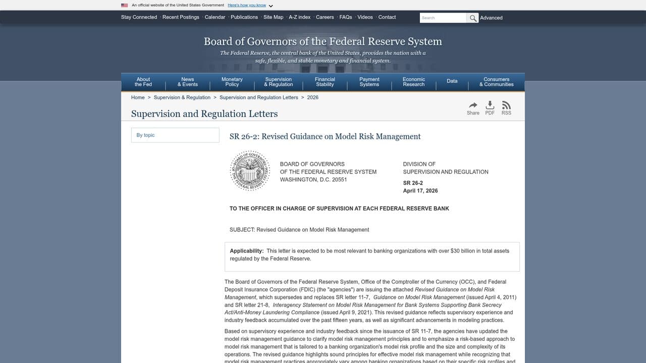 Capture of Federal Reserve — SR 26-2, Revised Guidance on Model Risk Management