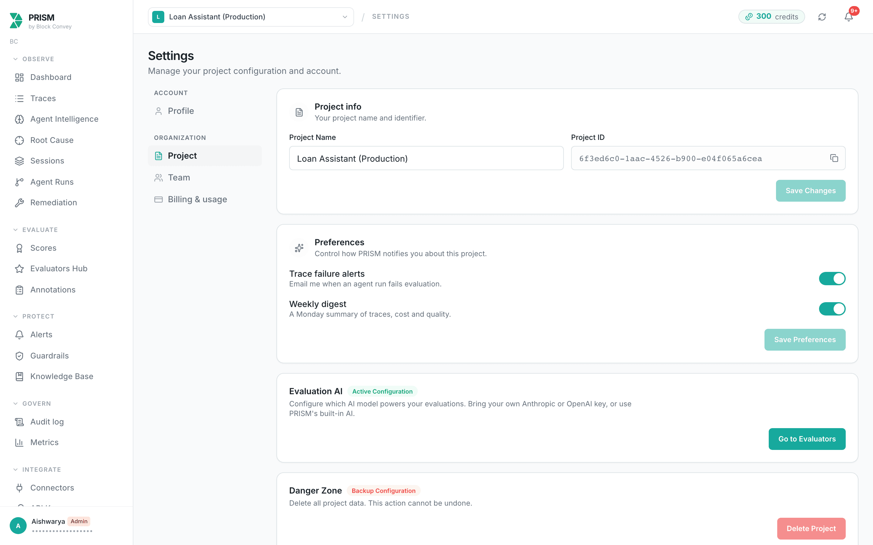 Settings, Project tab