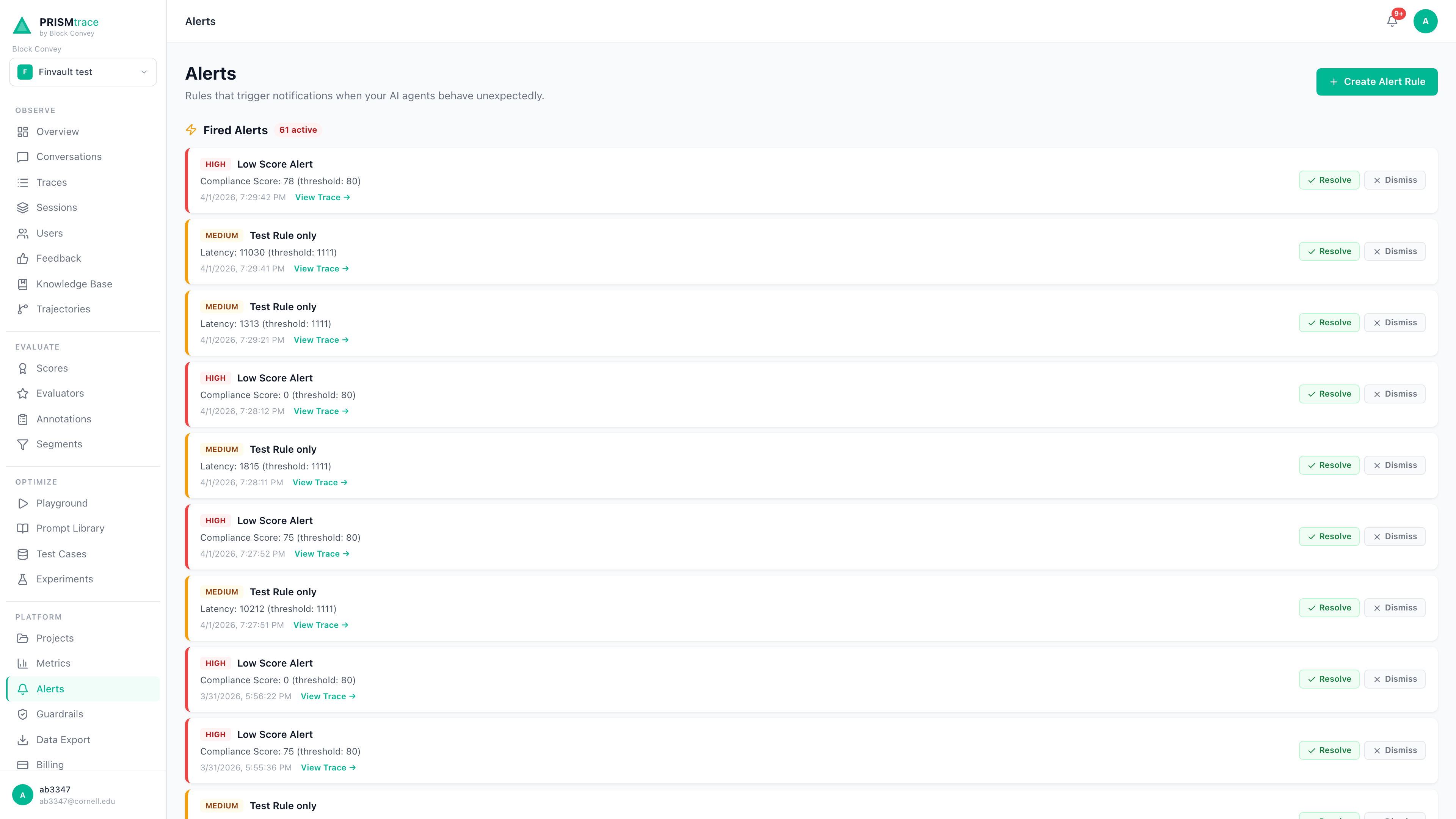 Prism Alerts page