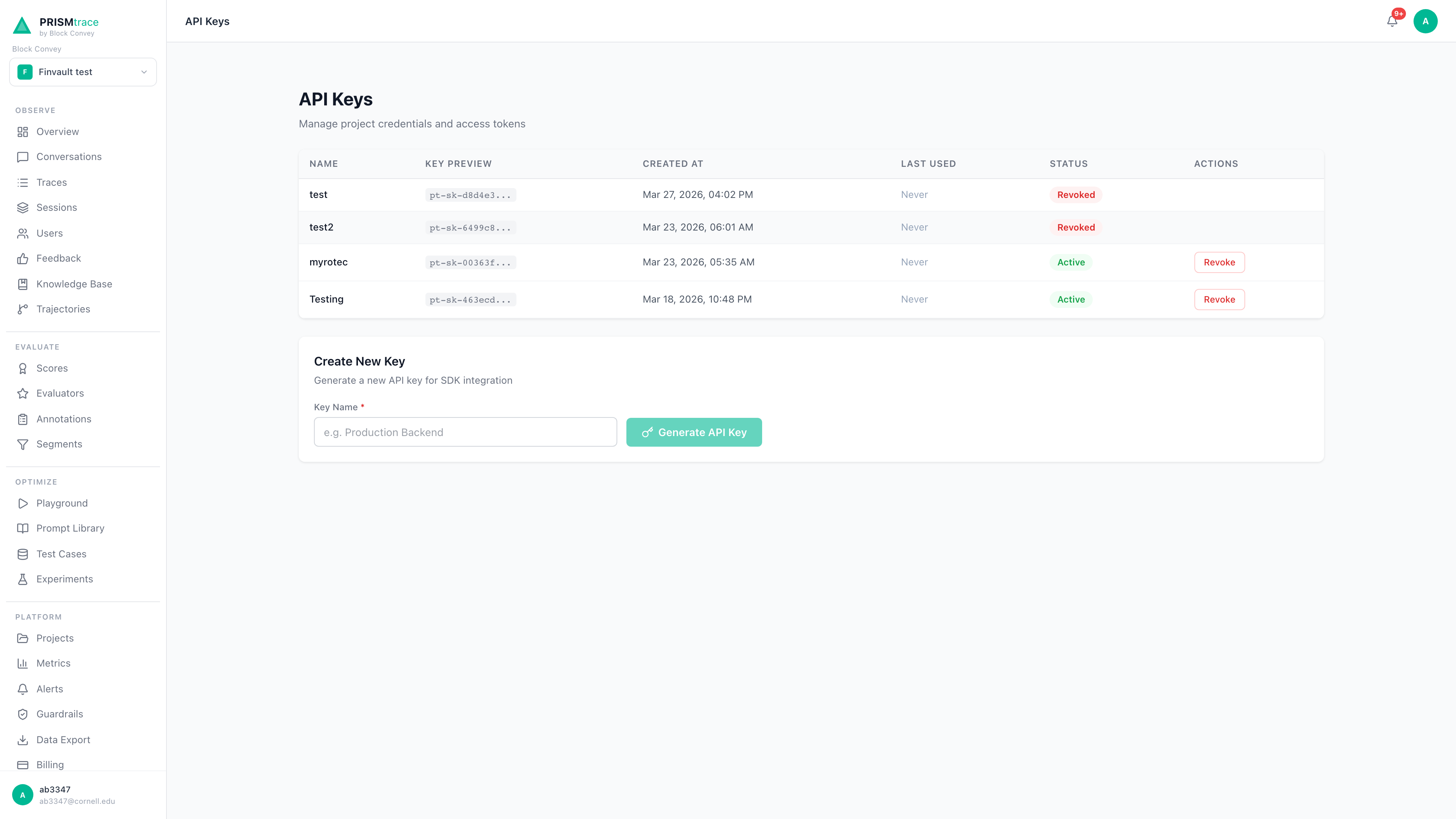 Prism API Keys page